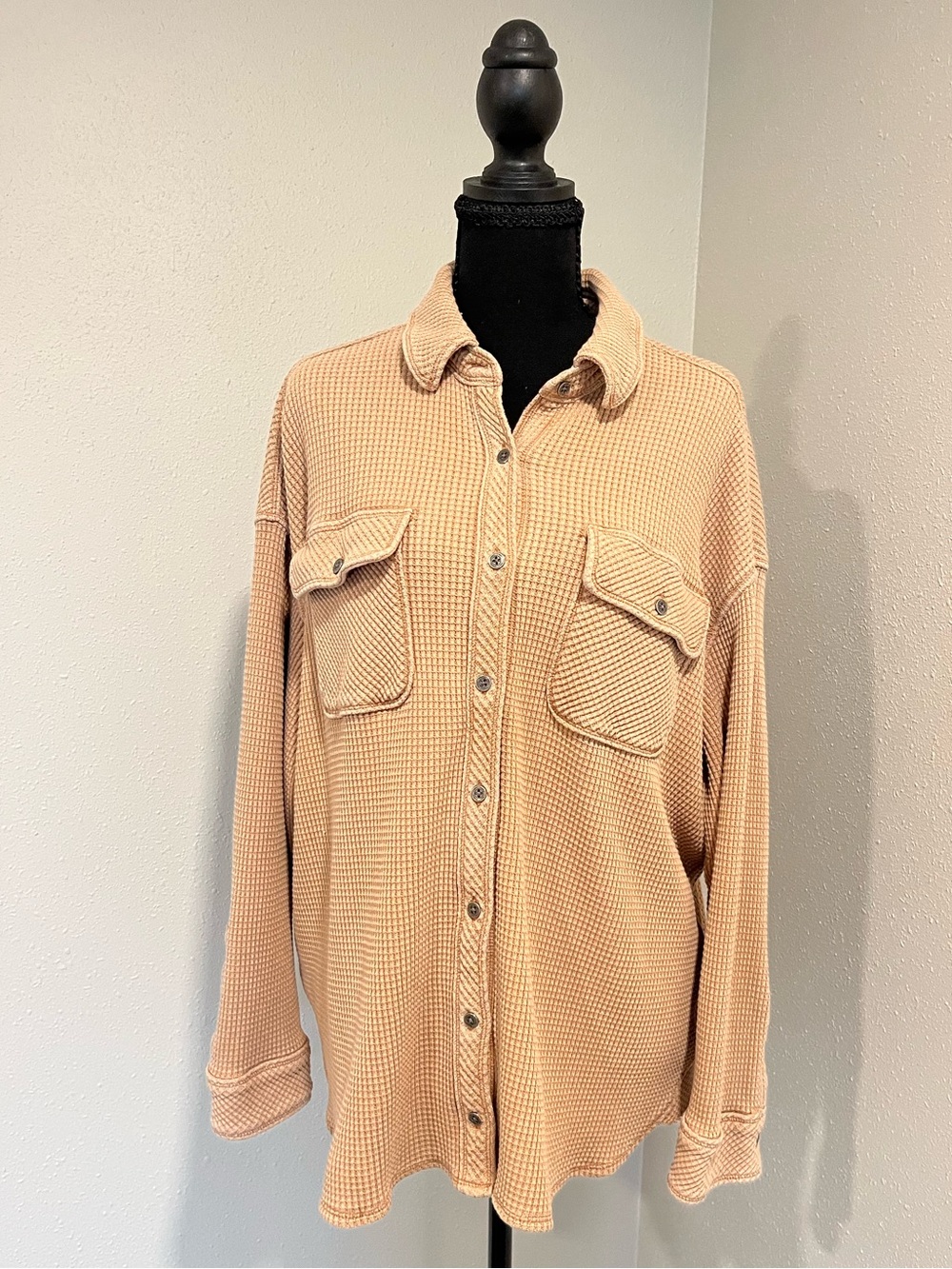 aerie Waffle-Knit Crewneck Button Sweater in Light Tan/Beige-Small